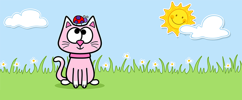 Pink Cat sitting in a grassy field under a sunny sky